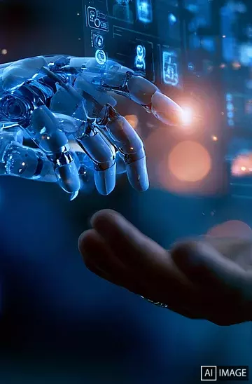 Eine Interaktion zwischen Mensch und Maschine wird dargestellt durch eine Roboterhand und eine Menschenhand, die sich in einer symbiotischen Geste näher kommen